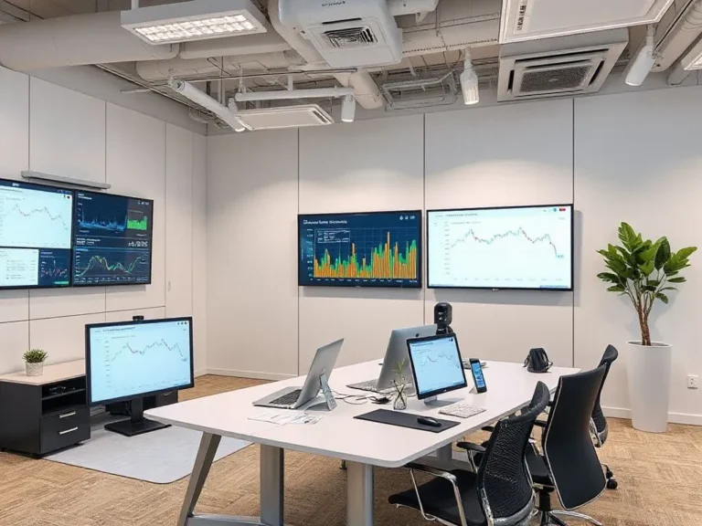 Modern accounting office with AI technology integration, featuring digital screens showing real-time financial data analysis, professional setting, clean and minimalist design