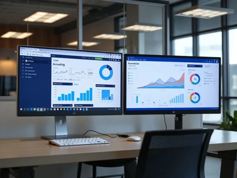 A modern office setting with two computer screens side by side; one displaying cloud-based accounting software interface and the other showing an e-commerce dashboard, both screens synchronized. Photorealistic, high quality, professional lighting, showcasing technology integration.