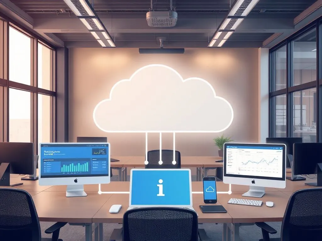 Illustration of digital integration between cloud accounting and resource management systems, modern office setup, high tech, professional finish