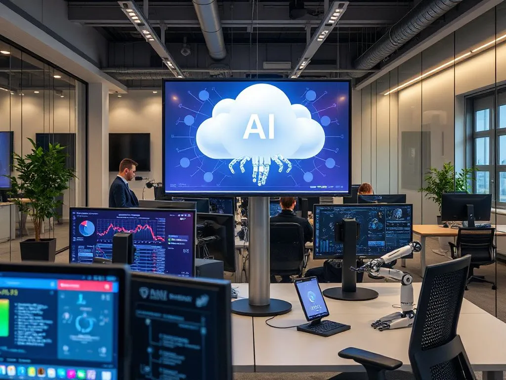 Modern office environment with AI integration in cloud accounting, advanced software interfaces on computer screens, robotic elements, professional setting, high quality photography