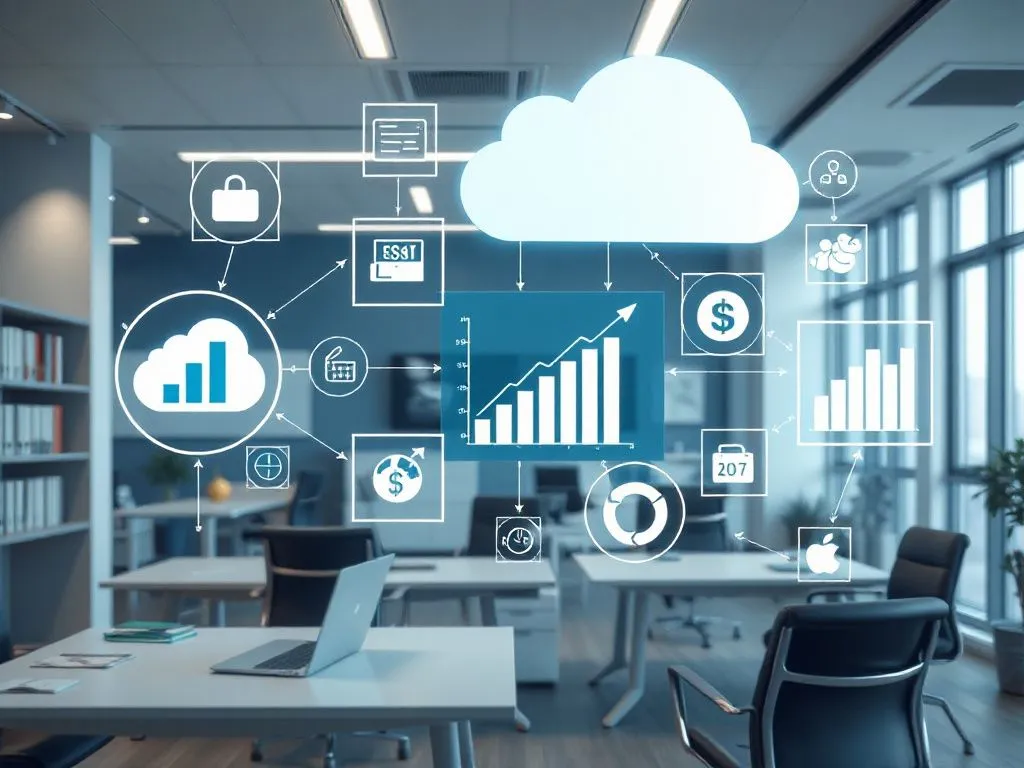 Photorealistic image of a modern digital accounting environment, showcasing various financial software icons and cloud computing elements in a professional office setting, high quality, professional lighting